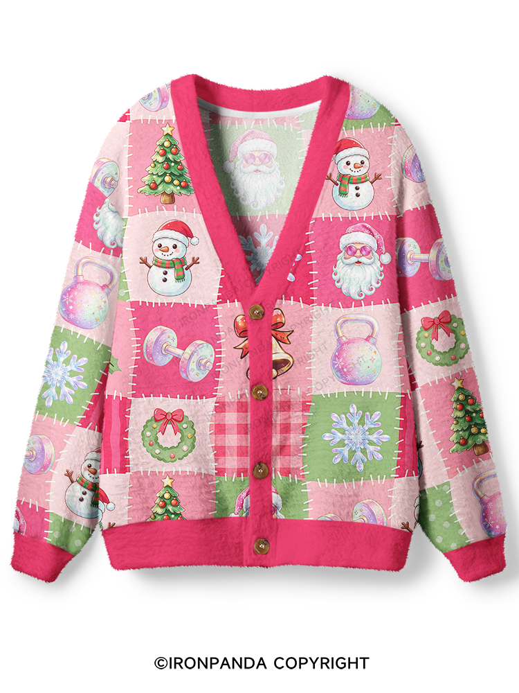 CHRISTMAS GYM PATCHWORK SEAMLESS PATTERN Ugly Cardigan Sweater