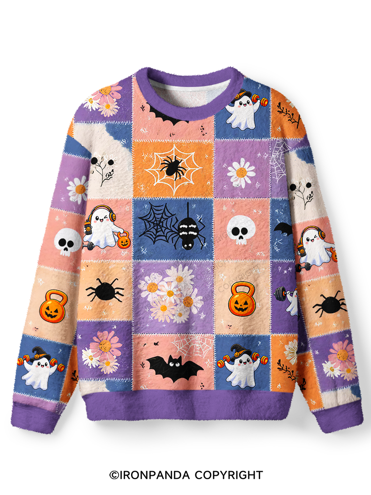 GHOST PATCHWORK HALLOWEEN PARTY Ugly Fuzzy Fleece Sweater