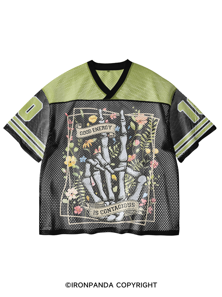 GOOD ENERCY IS CONTAGIOUS V-Neck Open Hole Mesh Top