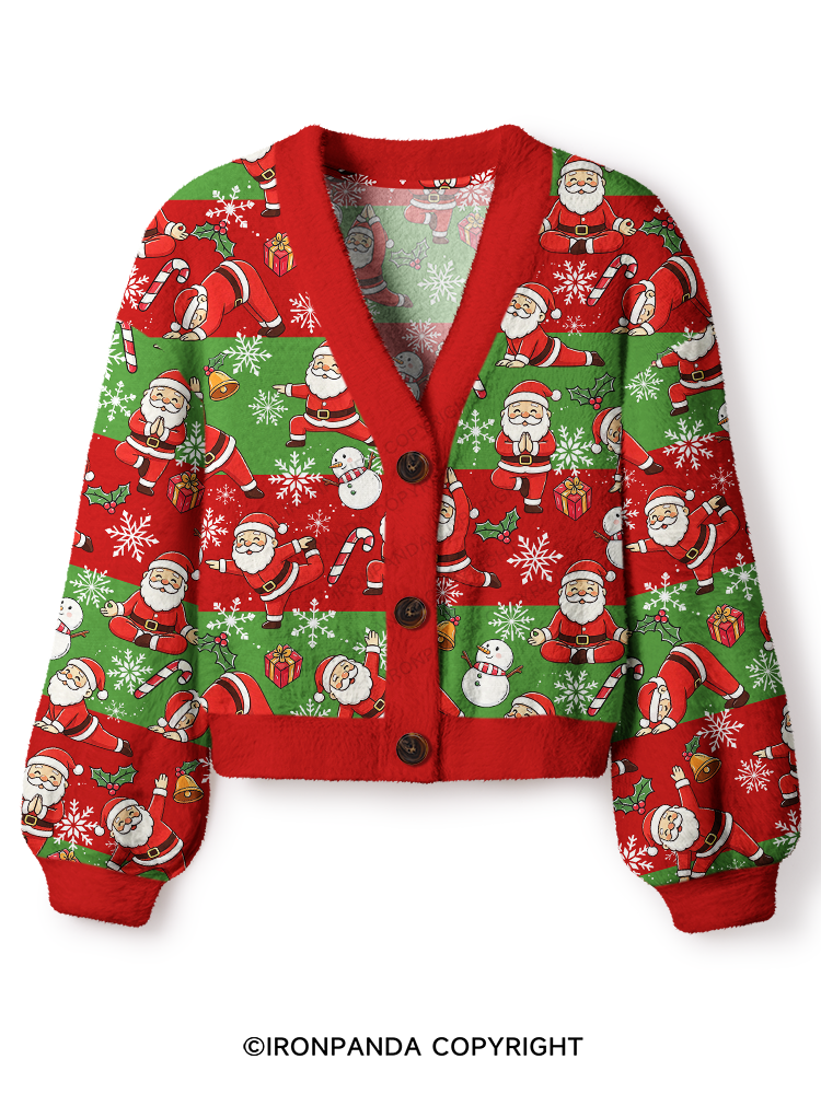 Santa Claus Yoga Poses Christmas Crop Ugly Cardigan Sweater