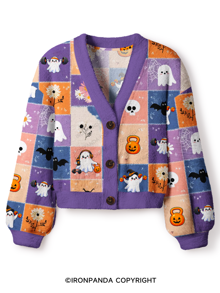 GHOST PATCHWORK HALLOWEEN PARTY Crop Ugly Cardigan Sweater