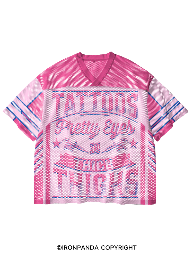 TATTOOS PRETTY EYES AND THICK THIGHS V-Neck Open Hole Mesh Top