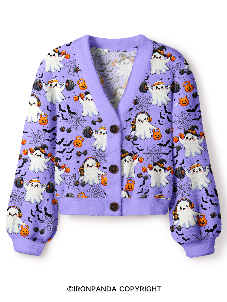GHOST GYM OF PUMPKINS AND BARBELLS Crop Ugly Cardigan Sweater