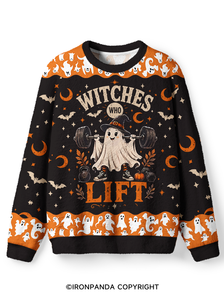 WITCHES WHO LIFT GHOST HALLOWEEN GYM Ugly Fuzzy Fleece Sweater