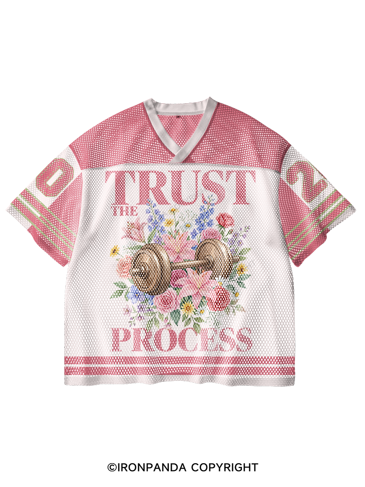 TRUST THE PROCESS Dumbbell V-Neck Open Hole Mesh Top