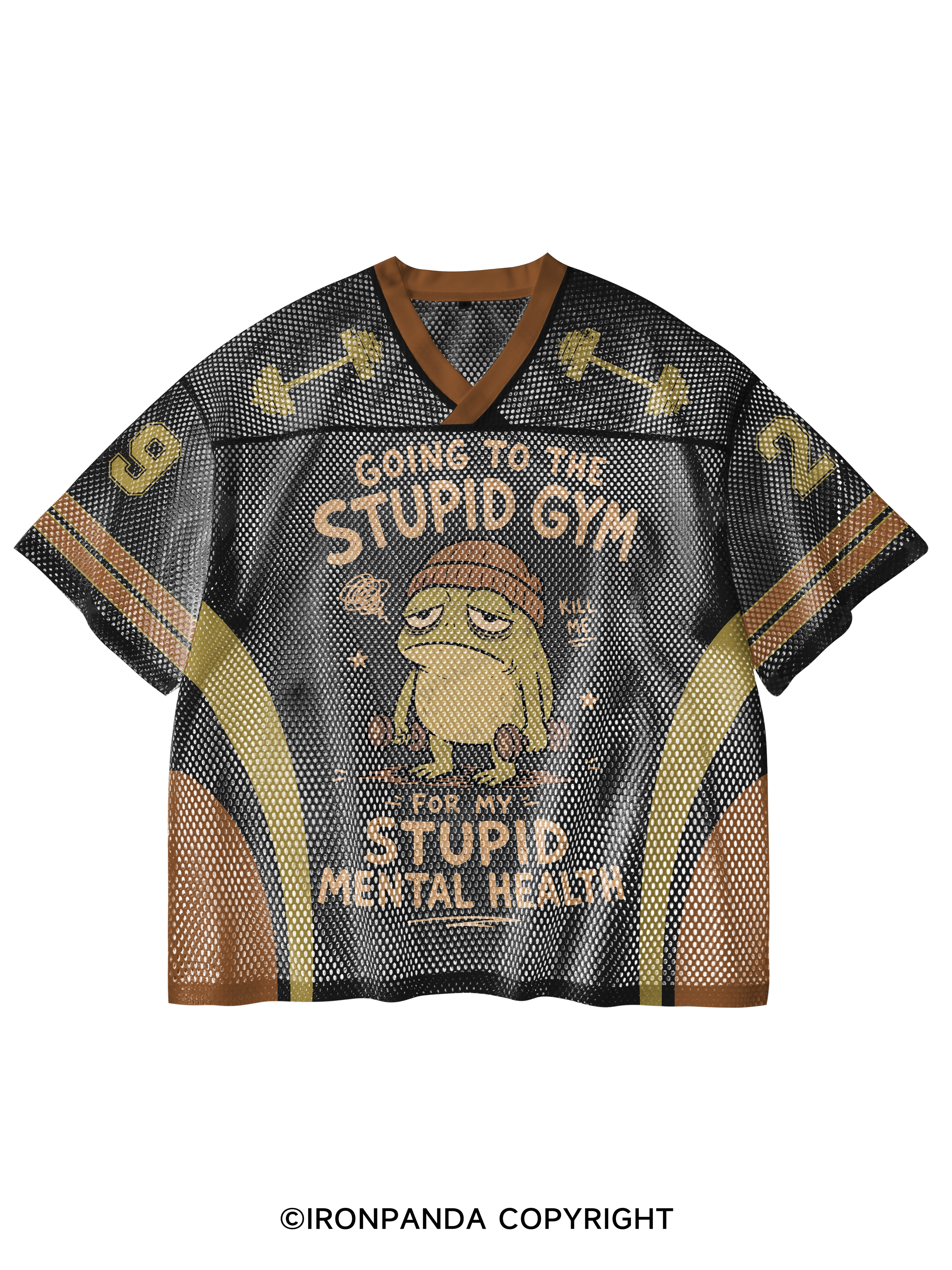 Going To The Stupid Gym Frog V-Neck Open Hole Mesh Top