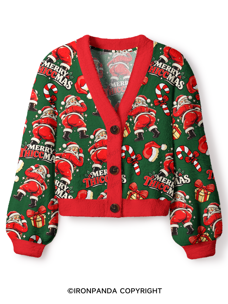 Merry Thiccmas Funny Christmas Crop Ugly Cardigan Sweater