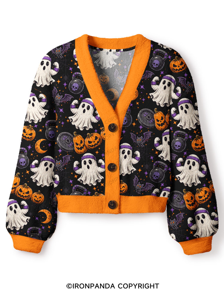 Spooky Fitness Kettlebell Pumpkin Workout Crop Ugly Cardigan Sweater