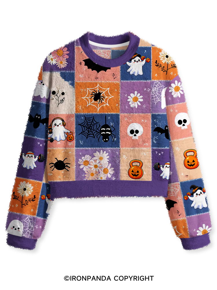 GHOST PATCHWORK HALLOWEEN PARTY Fuzzy Fleece Crop Sweater