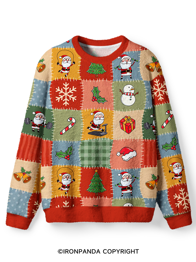 FITNESS SANTA PATCHWORK CHRISTMAS Ugly Fuzzy Fleece Sweater