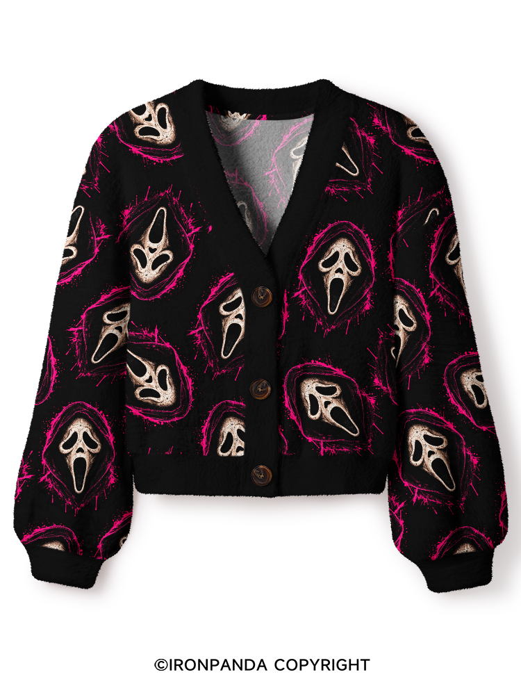 Ghost Face Crop Ugly Cardigan Sweater