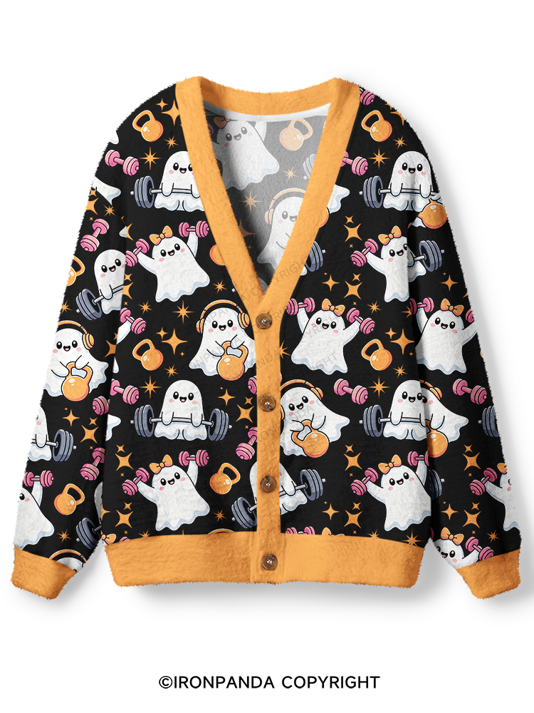 CUTE GHOST POWER WORKOUT TIME Ugly Cardigan Sweater