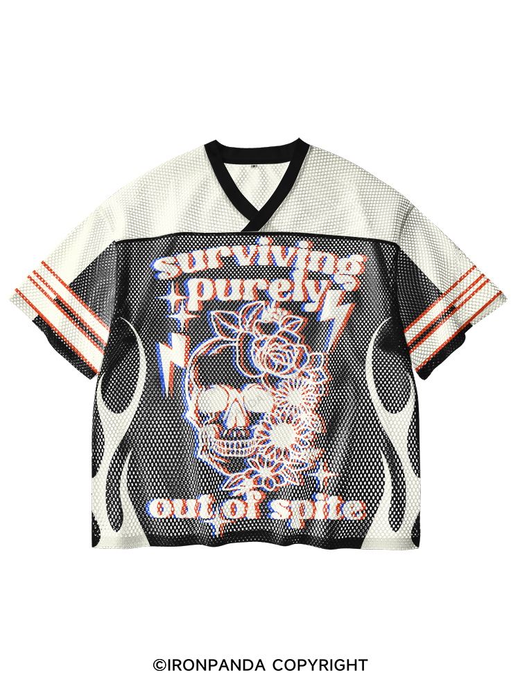 SURVIVING PURELY OUT OF SPITE V-Neck Open Hole Mesh Top