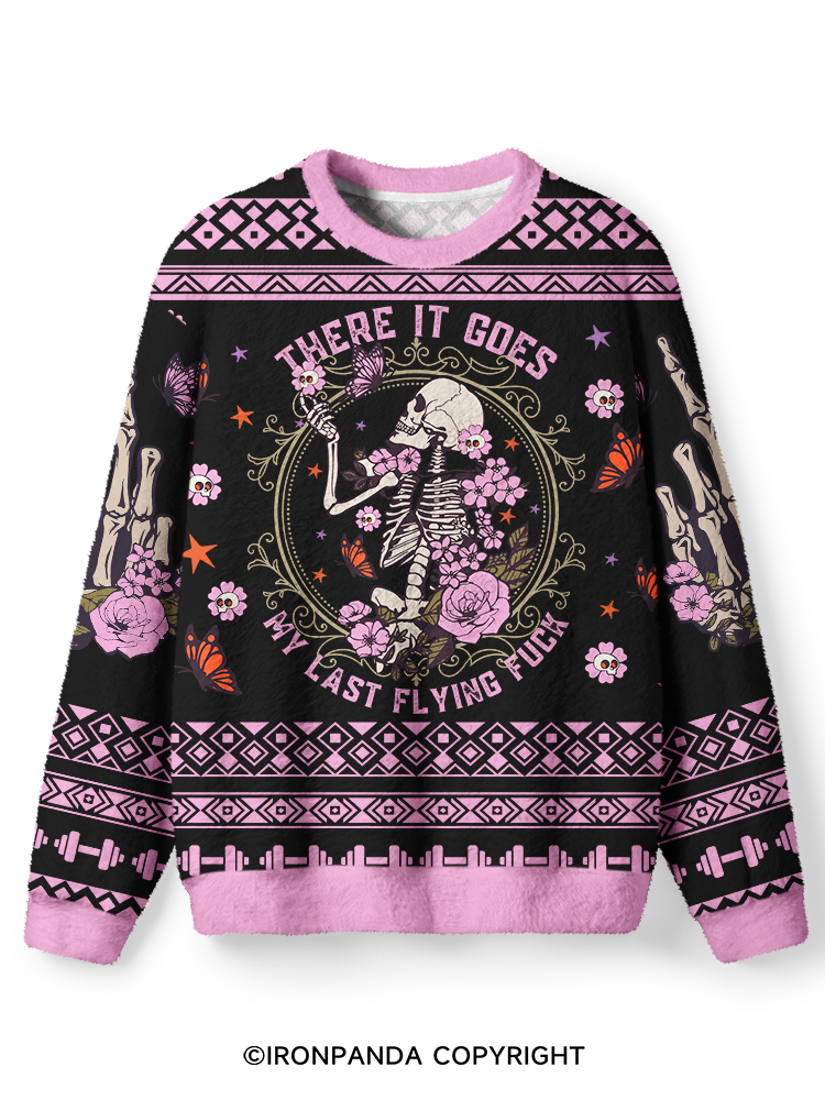 There It Goes My Last Flying Skeleton Ugly Fuzzy Fleece Sweater