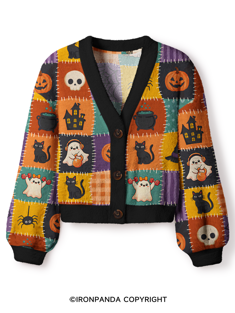 GHOST LIFTING AND BLACK CAT MAGIC Crop Ugly Cardigan Sweater