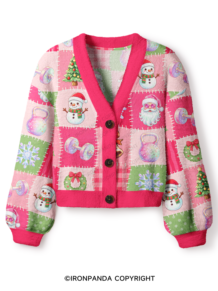 CHRISTMAS GYM PATCHWORK SEAMLESS PATTERN Crop Ugly Cardigan Sweater