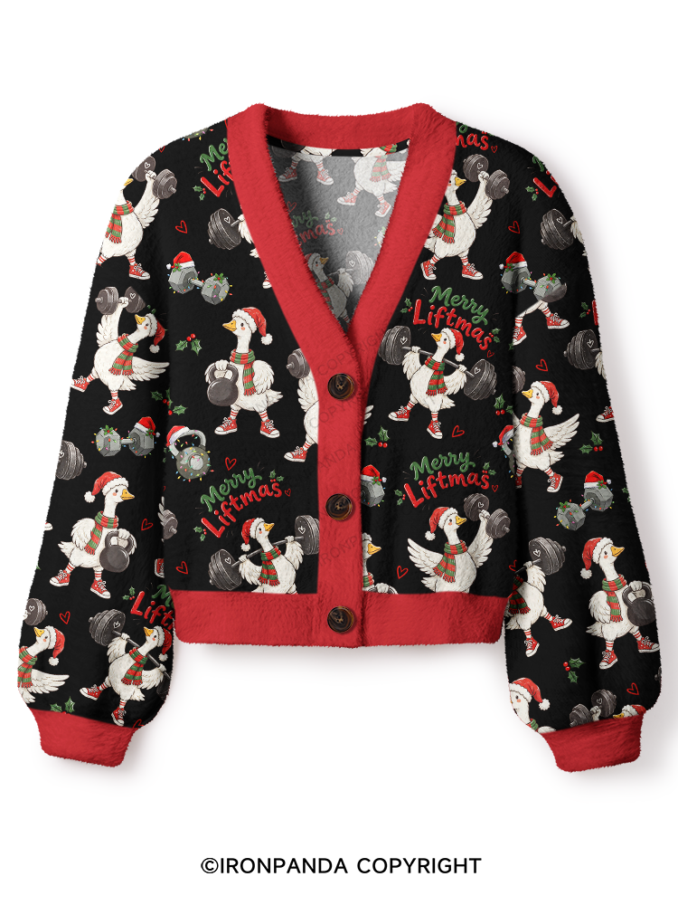 Weightlifting Christmas Goose (Merry Liftmas) Crop Ugly Cardigan Sweater