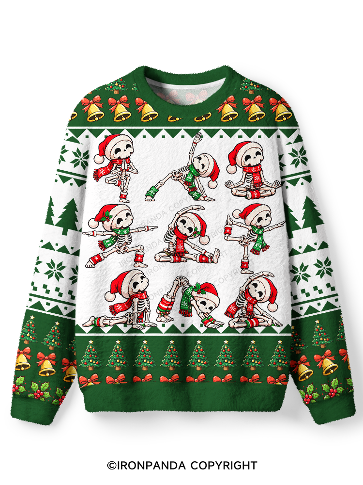 Yoga Skeleton Santa Ugly Fuzzy Fleece Sweater
