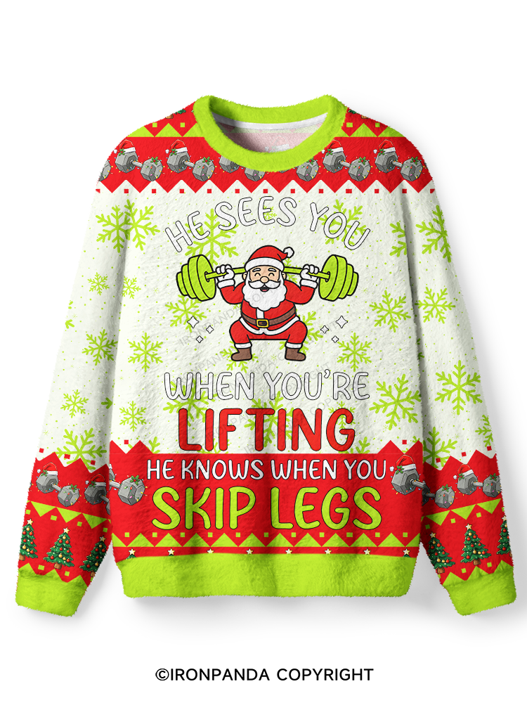 Santa Lifting Weights Skip Legs  Ugly Fuzzy Fleece Sweater