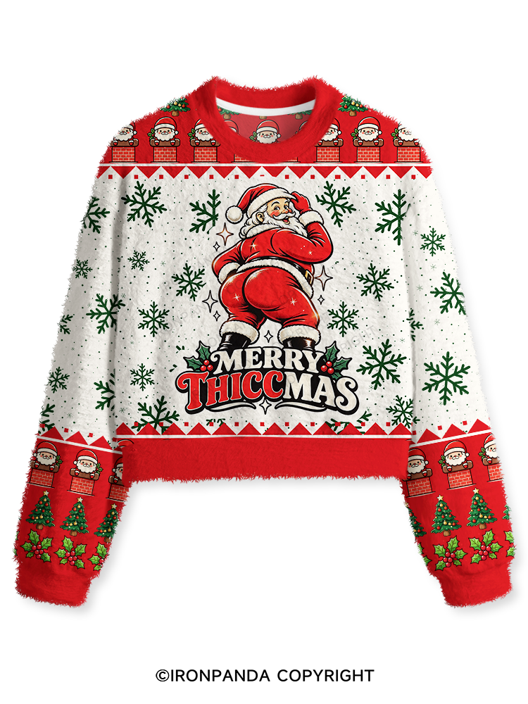 Merry Thiccmas Funny Christmas Fuzzy Fleece Crop Sweater