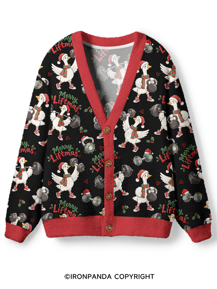 Weightlifting Christmas Goose (Merry Liftmas) Ugly Cardigan Sweater