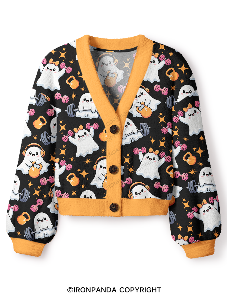 CUTE GHOST POWER WORKOUT TIME Crop Ugly Cardigan Sweater