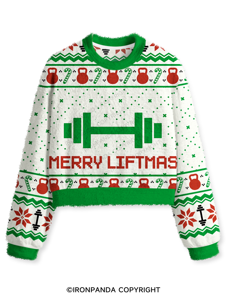 MERRY LIFTMAS FUNNY WORKOUT Fuzzy Fleece Crop Sweater