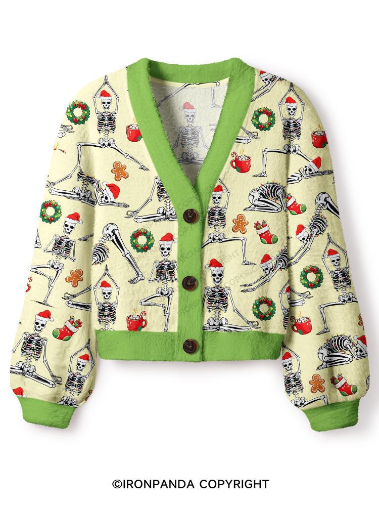 Skeleton Yoga Christmas Crop Ugly Cardigan Sweater
