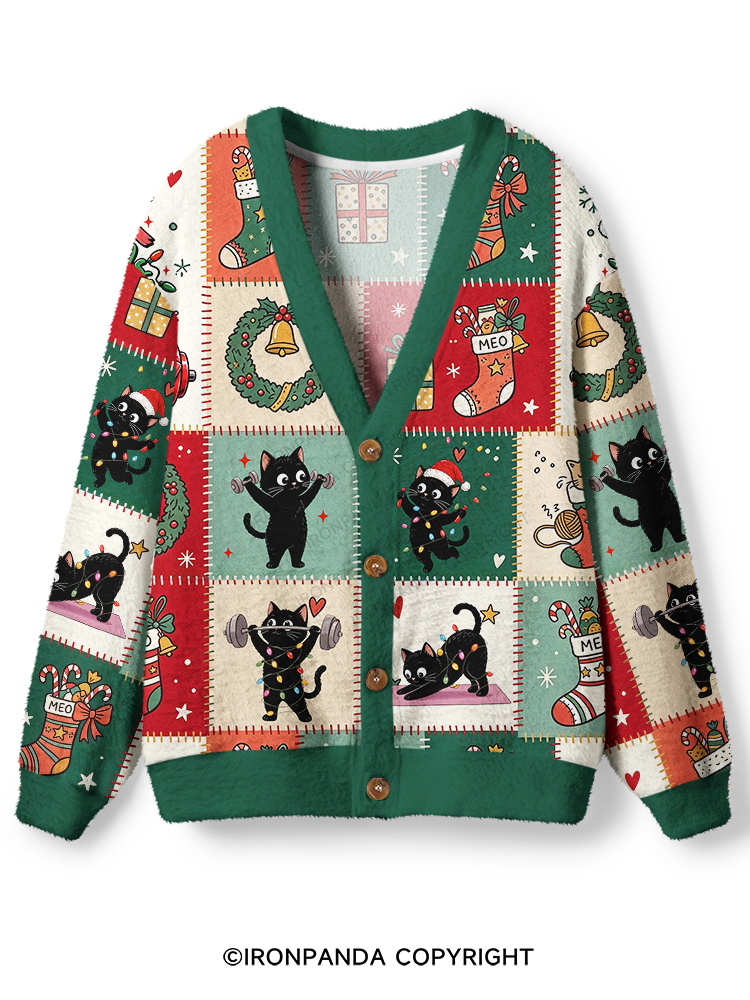 CAT CHRISTMAS WORKOUT PATCHWORK Ugly Cardigan Sweater