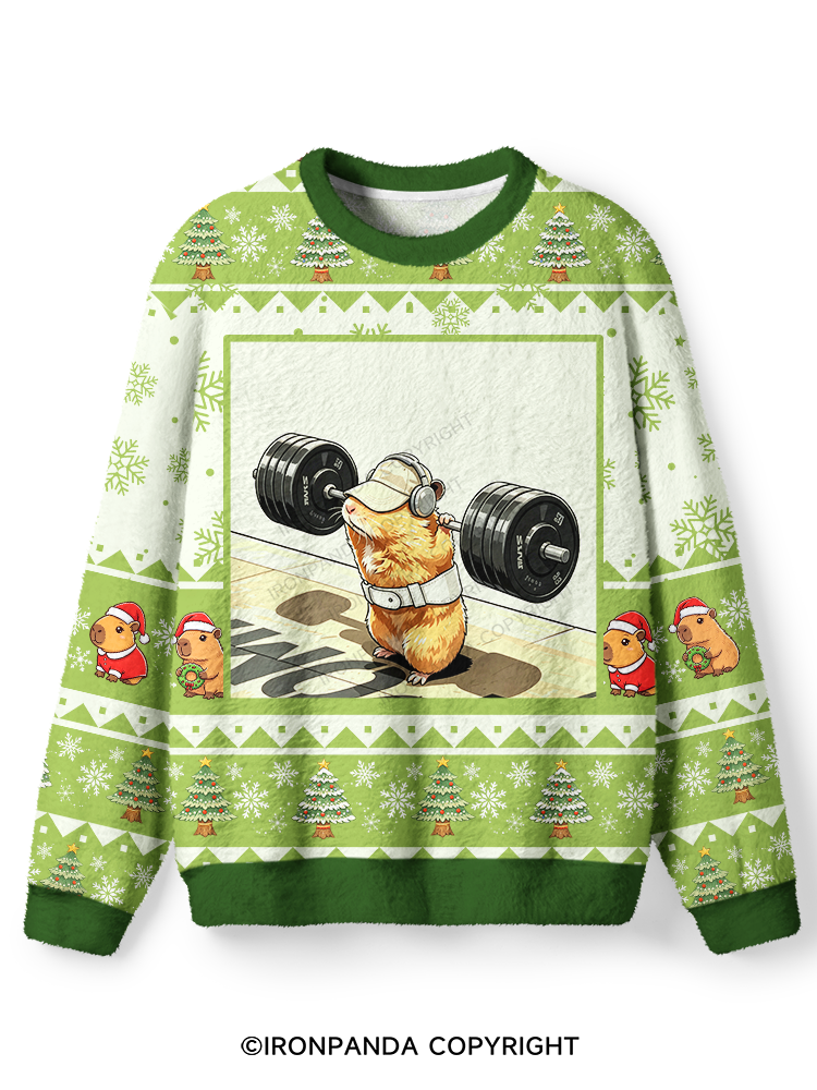 Funny Weightlifting Capybara Ugly Fuzzy Fleece Sweater