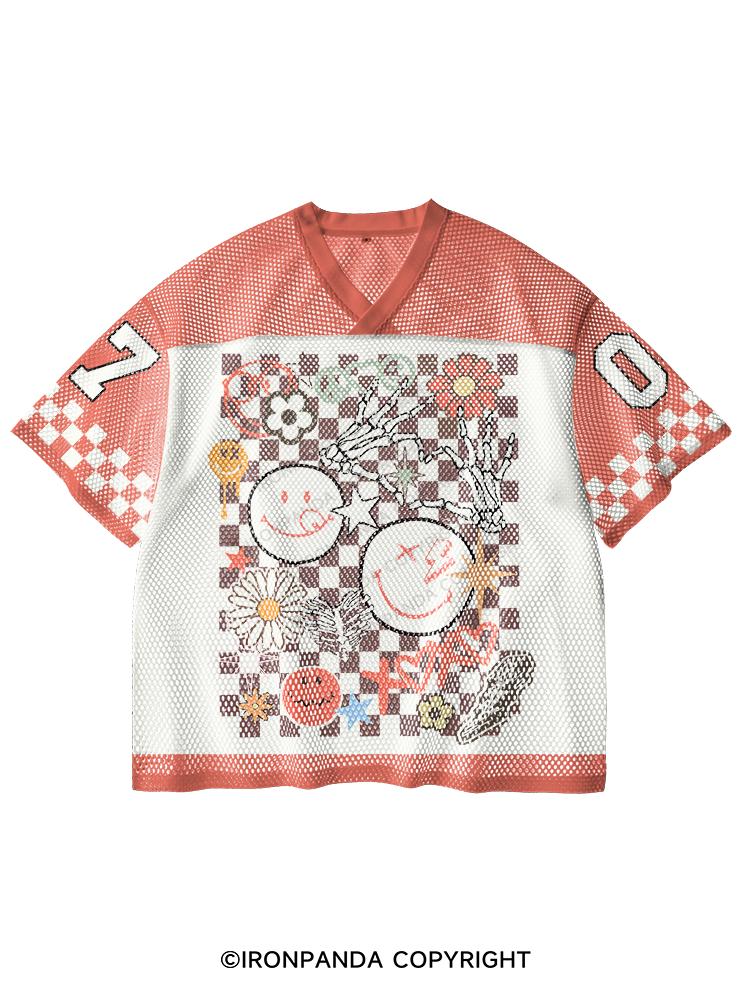 VINTAGE CHECKBOARD V-Neck Open Hole Mesh Top