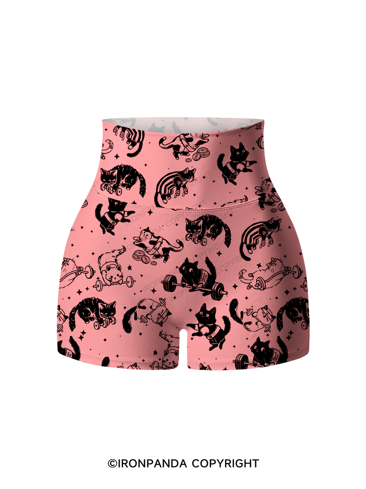 Cute Cat Lifting Club Printed Yoga Shorts