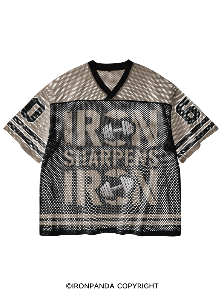 IRON SHARPENS V-Neck Open Hole Mesh Top