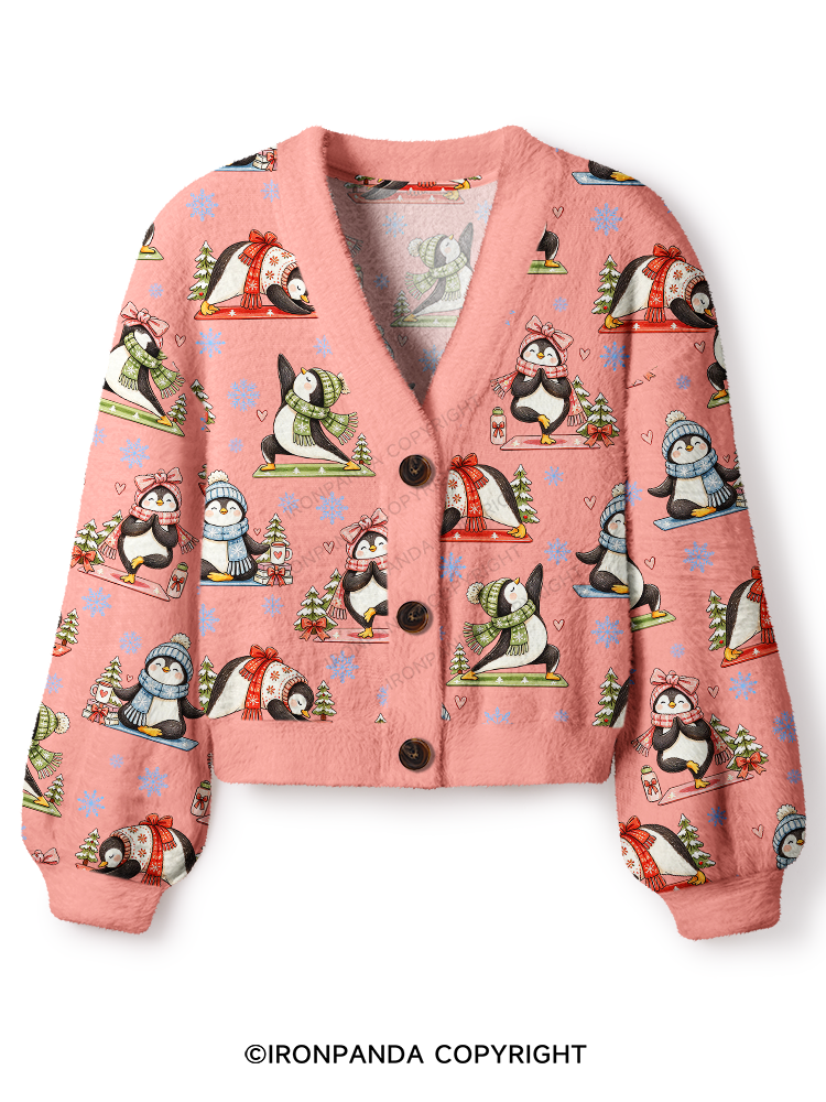 Christmas Yoga Penguin Crop Ugly Cardigan Sweater