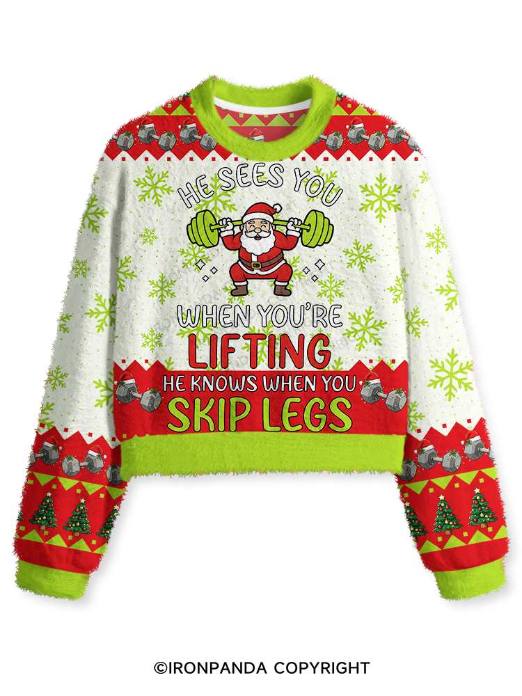 Santa Lifting Weights Skip Legs Fuzzy Fleece Crop Sweater