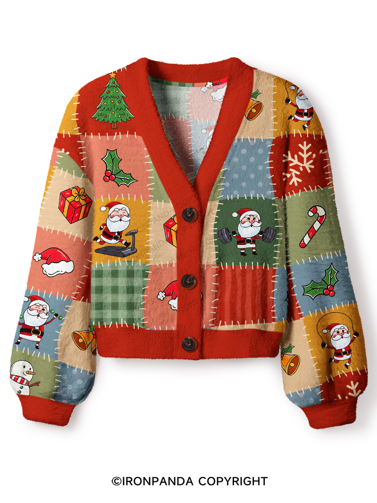 FITNESS SANTA PATCHWORK CHRISTMAS PATTERN Crop Ugly Cardigan Sweater