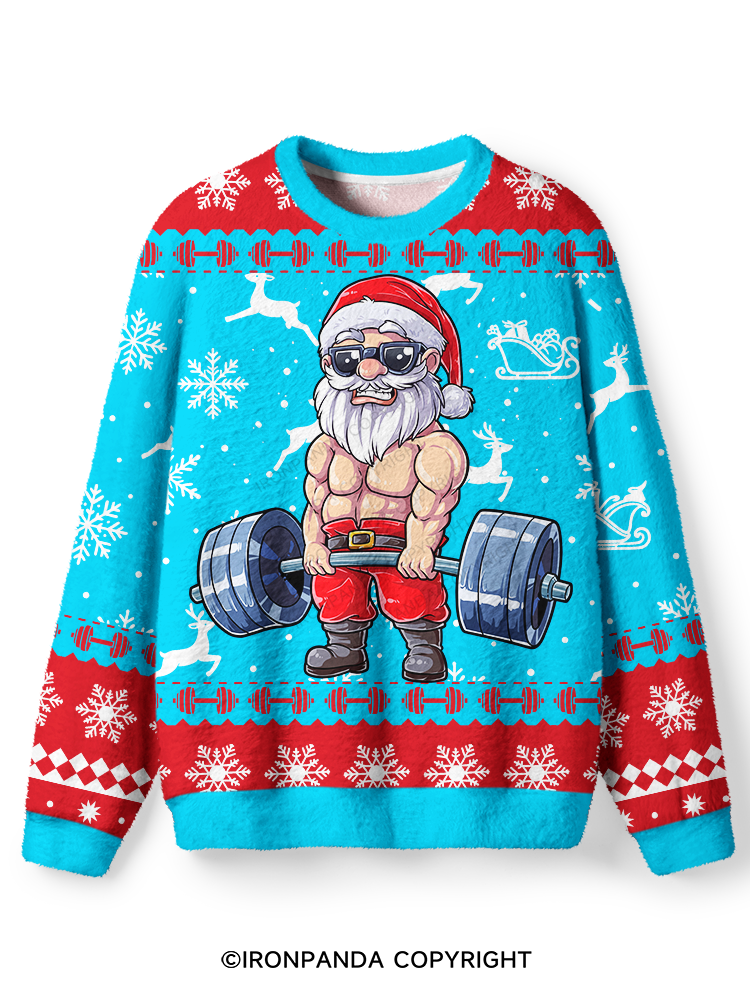 Santa Weightlifting Christmas Ugly Fuzzy Fleece Sweater