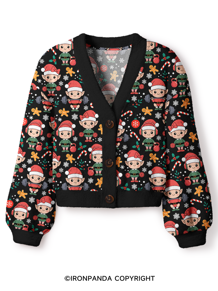 Funny Holiday Gym Christmas Elves Crop Ugly Cardigan Sweater
