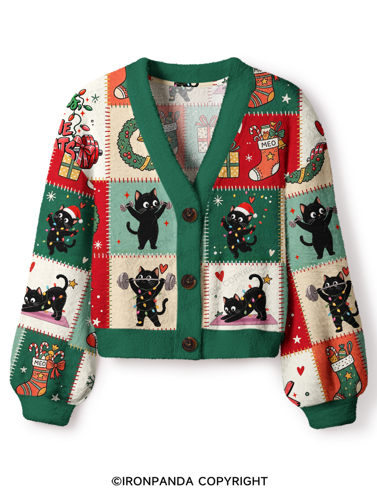 CAT CHRISTMAS WORKOUT PATCHWORK Crop Ugly Cardigan Sweater