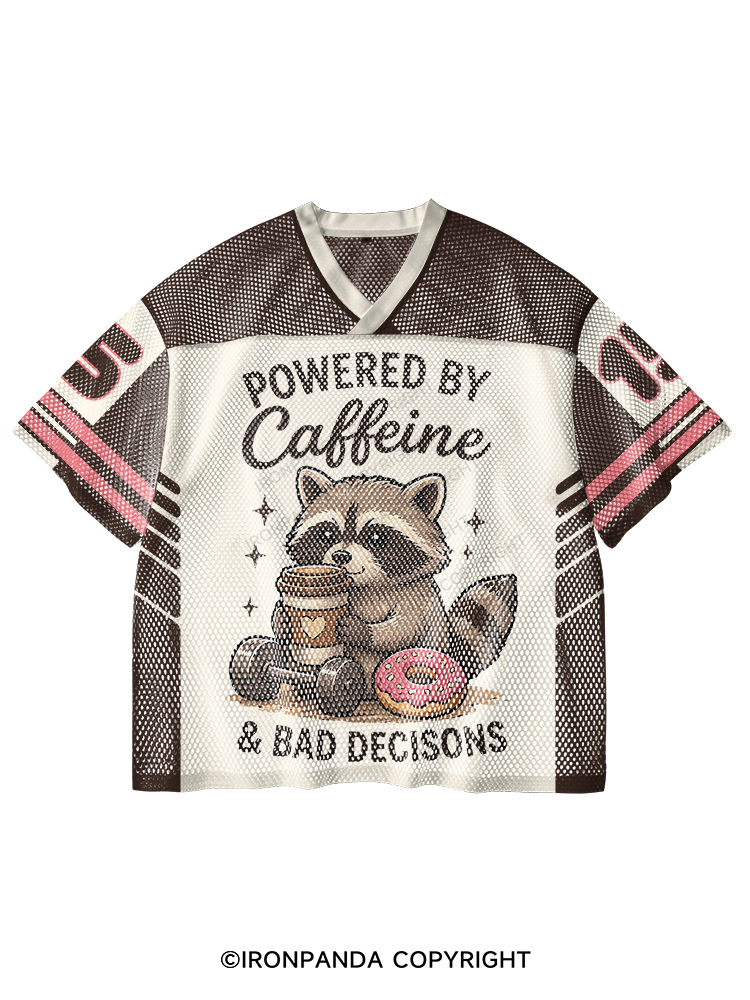 POWERED BY CAFFEINE & BAD DECISIONS RACCOON V-Neck Open Hole Mesh Top