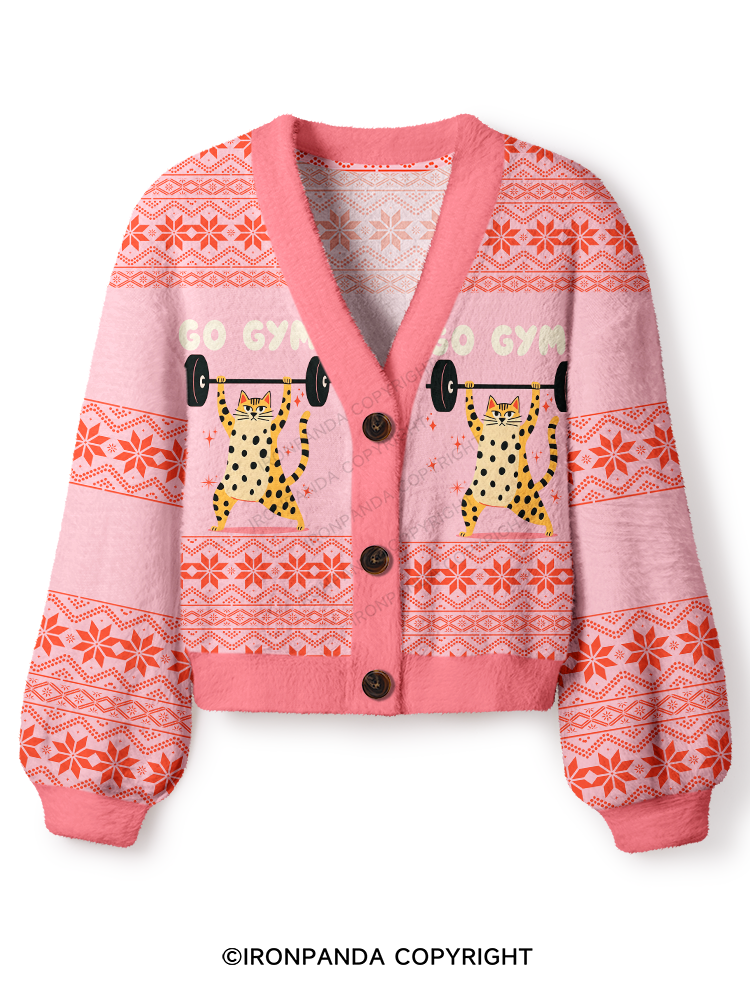 Funny Gym Cat Crop Ugly Cardigan Sweater