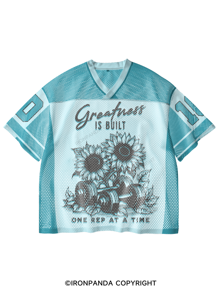 Greatness IS BUILT ONE REP AT A TIME V-Neck Open Hole Mesh Top