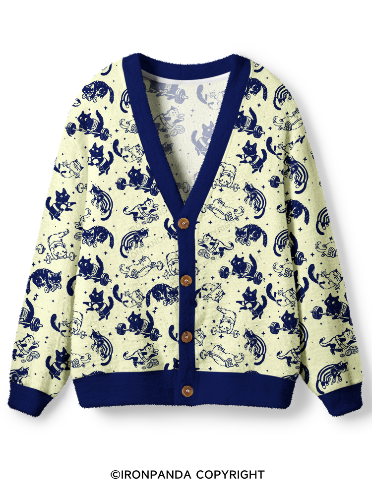 Cute Cat Lifting Ugly Cardigan Sweater