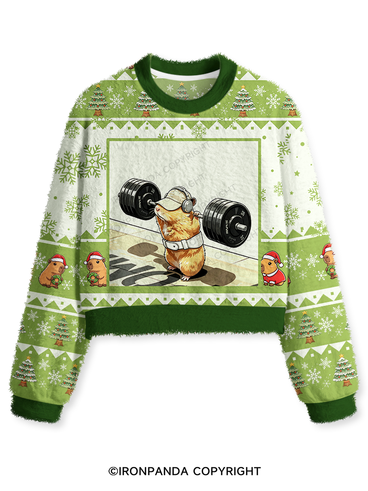 Funny Weightlifting Capybara Fuzzy Fleece Crop Sweater