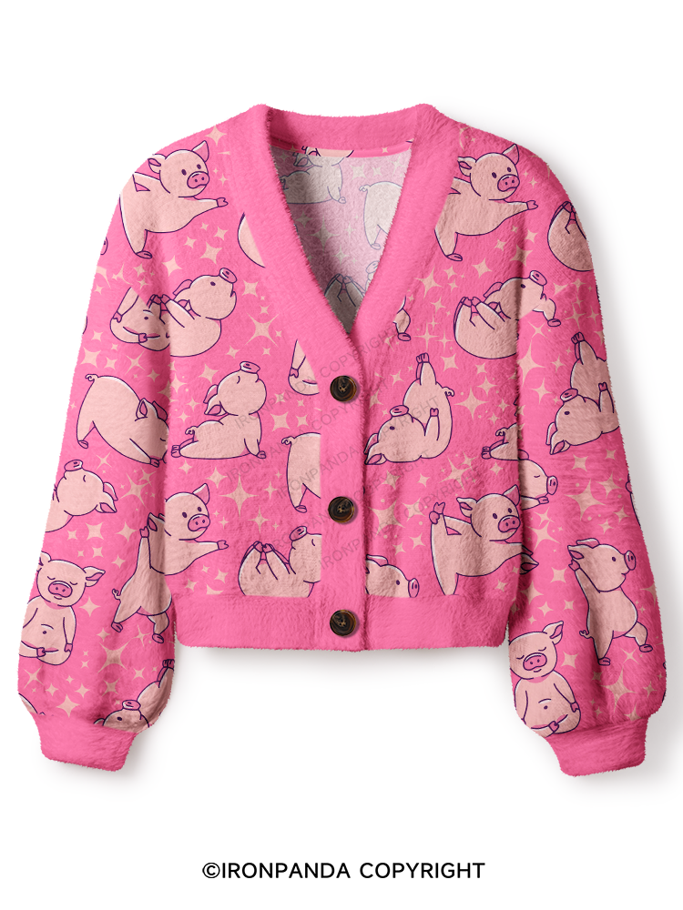 YOGA PINK PIGS Crop Ugly Cardigan Sweater