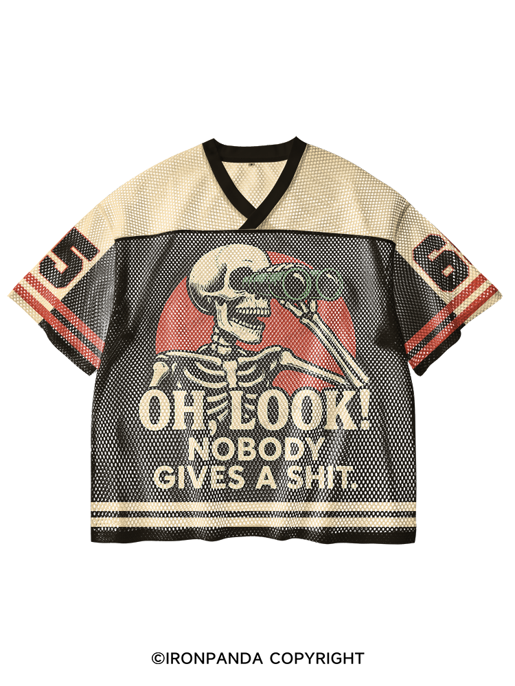 OH, LOOK! NOBODY GIVES A SHIT SKELETON V-Neck Open Hole Mesh Top