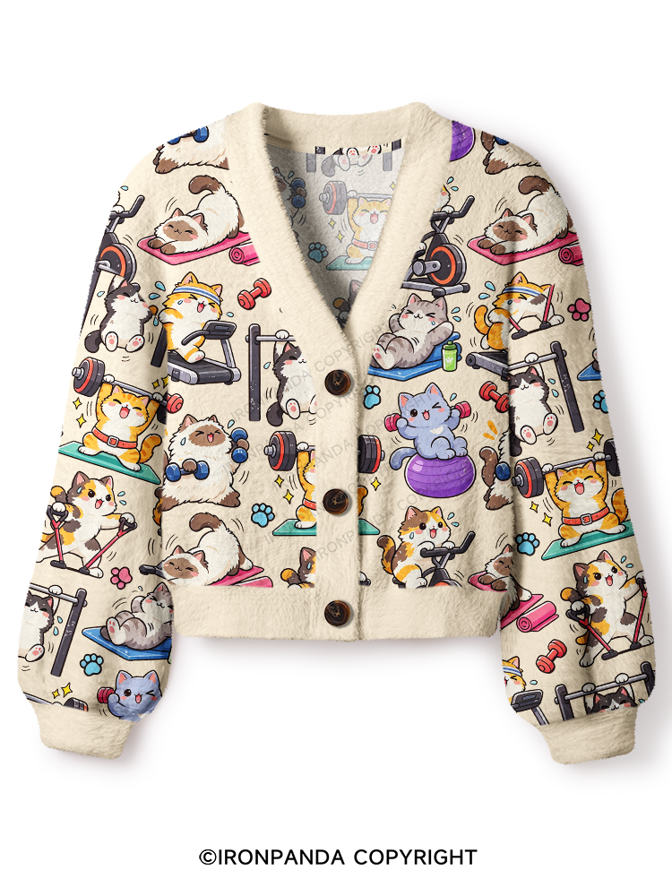Fitness Cats Gym Crop Ugly Cardigan Sweater