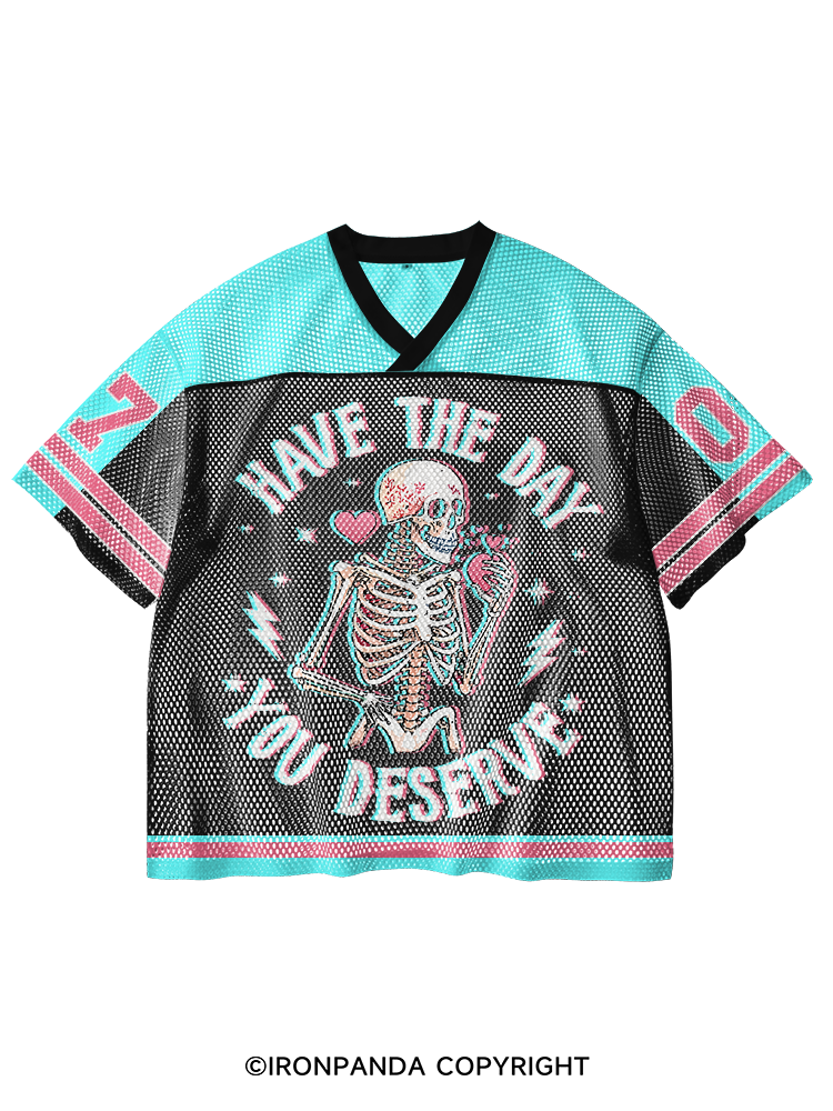 Have The Day You Deserve Skeleton V-Neck Open Hole Mesh Top