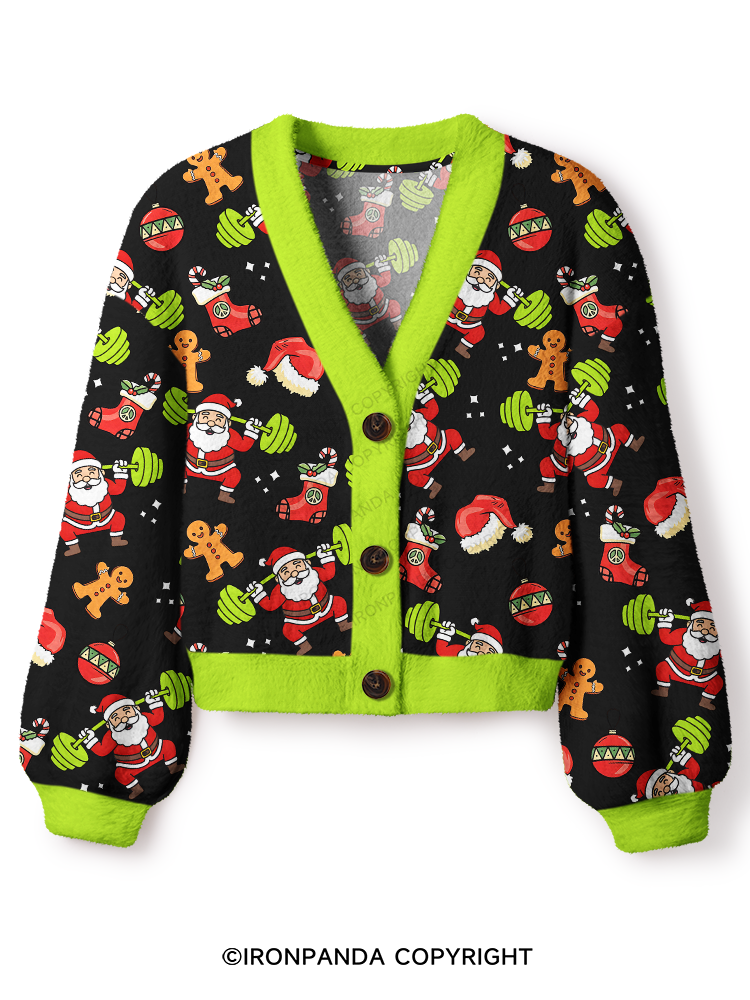 Santa Lifting Weights Skip Legs Funny Holiday Gym Crop Ugly Cardigan Sweater