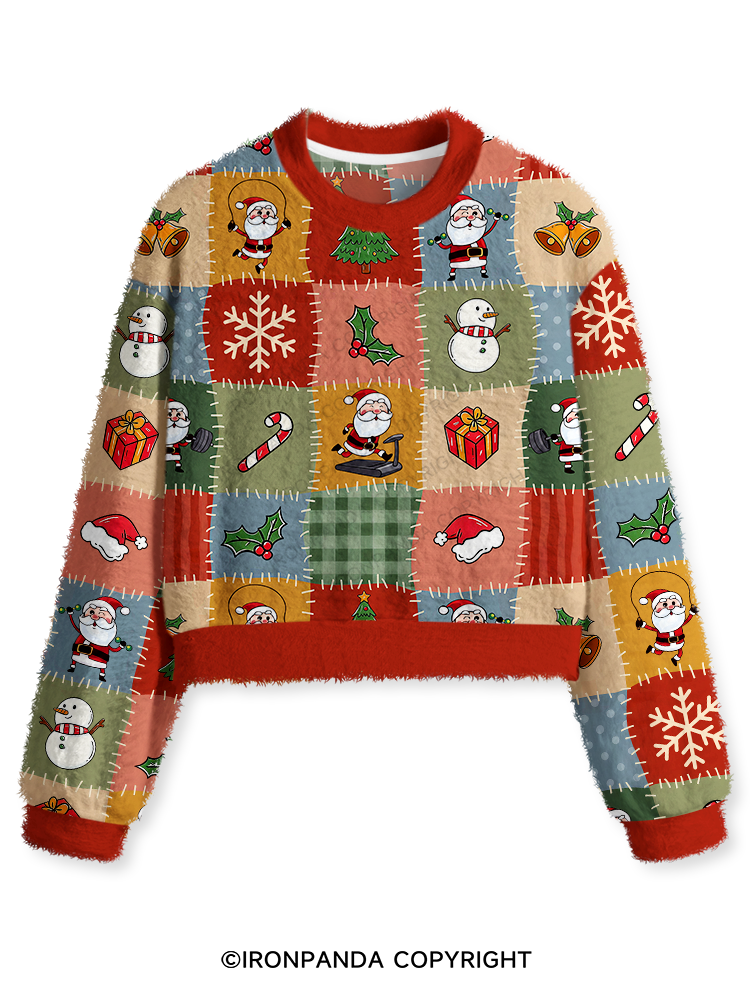 FITNESS SANTA PATCHWORK CHRISTMAS Fuzzy Fleece Crop Sweater